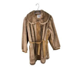 VTG London Leathers Lilli Ann  Coat Faux Fur Suede Trim Belted Brown Medium